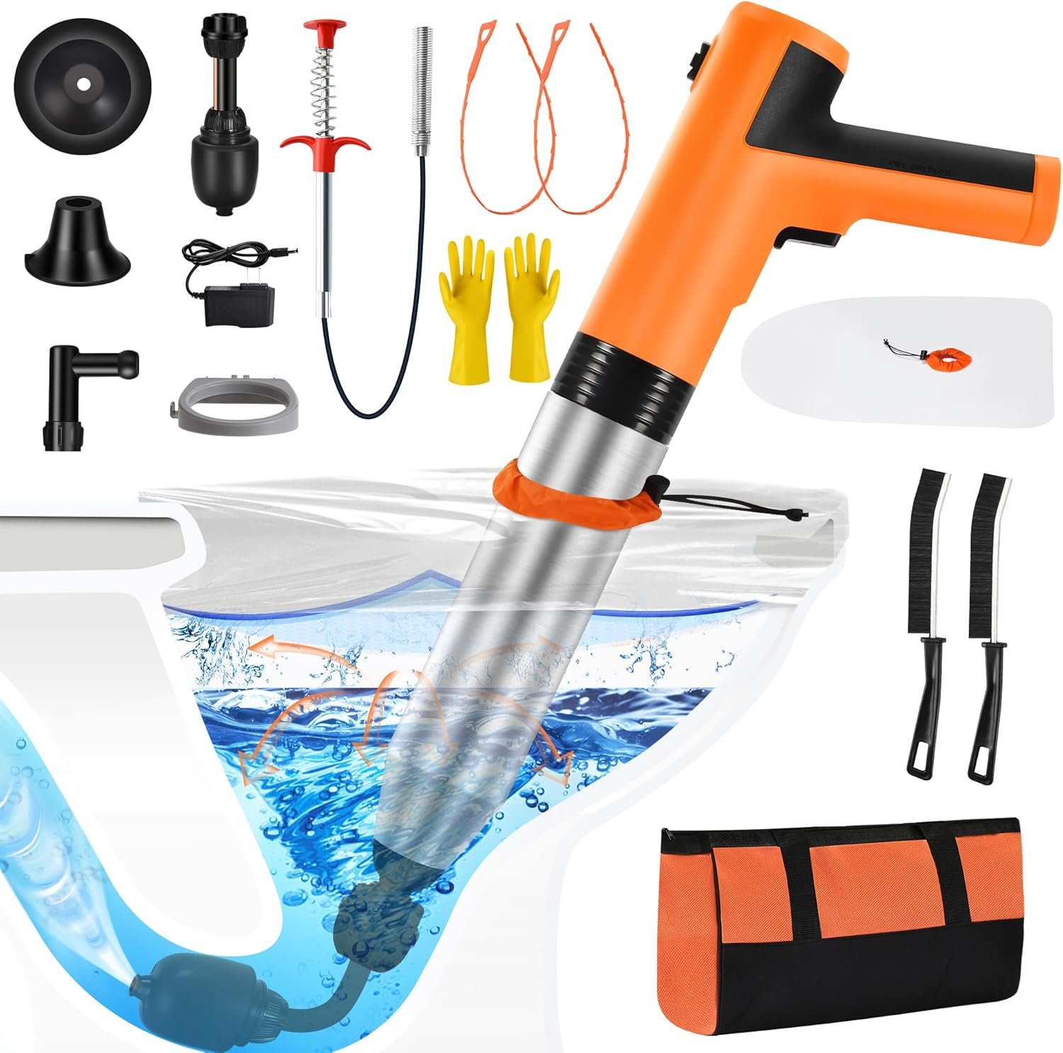 Splash-Free Unclogger with Drain Snake Auger, Plungers for Bathroom Heavy Duty, Versatile Air Blaster Unclogger Kit